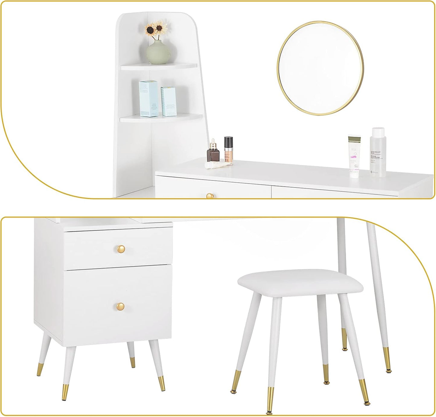 Coiffeuse avec Tabouret Miroir Commode - 4 Tiroirs