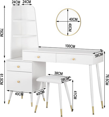 Coiffeuse avec Tabouret Miroir Commode -  4 Tiroirs