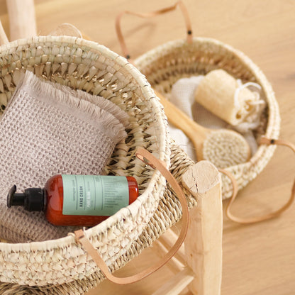 Panier Rond Plat en Feuilles de Palmier - Anses Cuir